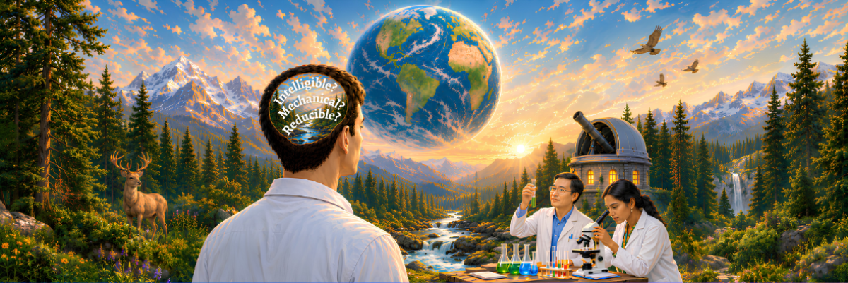 A scientist contemplating the Earth rising over a forest valley, beside researchers at work near an observatory